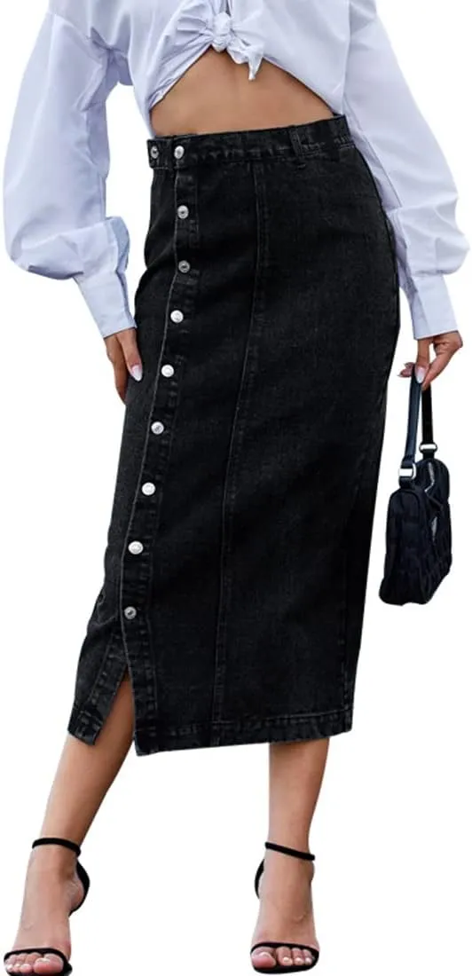Women's Casual Slit Denim Midi Jean Skirt Stretch High Waisted Button Up Frayed with Pockets