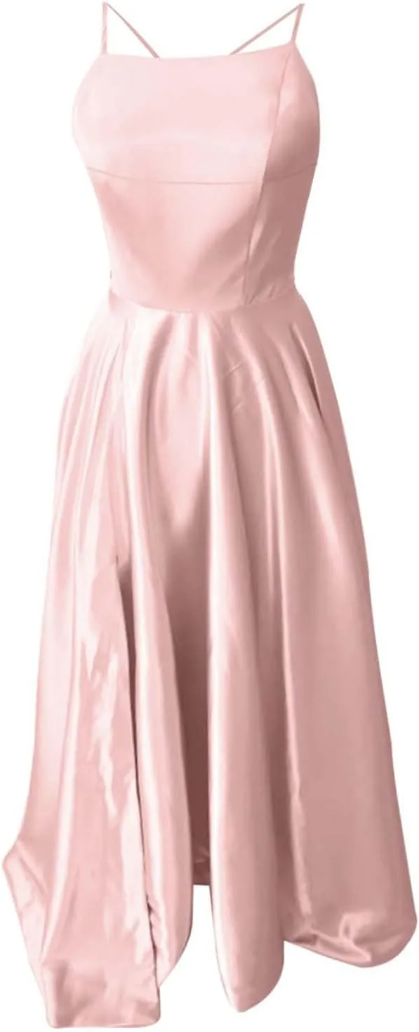 Women's Chiffon Evening Dress Solid Color Sexy Back Hollowed Slit Dress Spaghetti Straps Prom Dresses