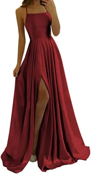 Women's Chiffon Evening Dress Solid Color Sexy Back Hollowed Slit Dress Spaghetti Straps Prom Dresses