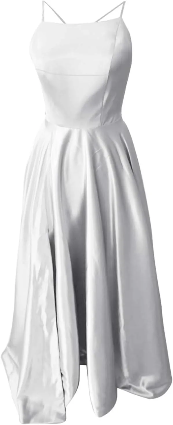 Women's Chiffon Evening Dress Solid Color Sexy Back Hollowed Slit Dress Spaghetti Straps Prom Dresses