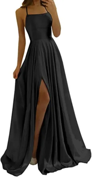 Women's Chiffon Evening Dress Solid Color Sexy Back Hollowed Slit Dress Spaghetti Straps Prom Dresses