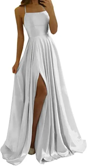 Women's Chiffon Evening Dress Solid Color Sexy Back Hollowed Slit Dress Spaghetti Straps Prom Dresses