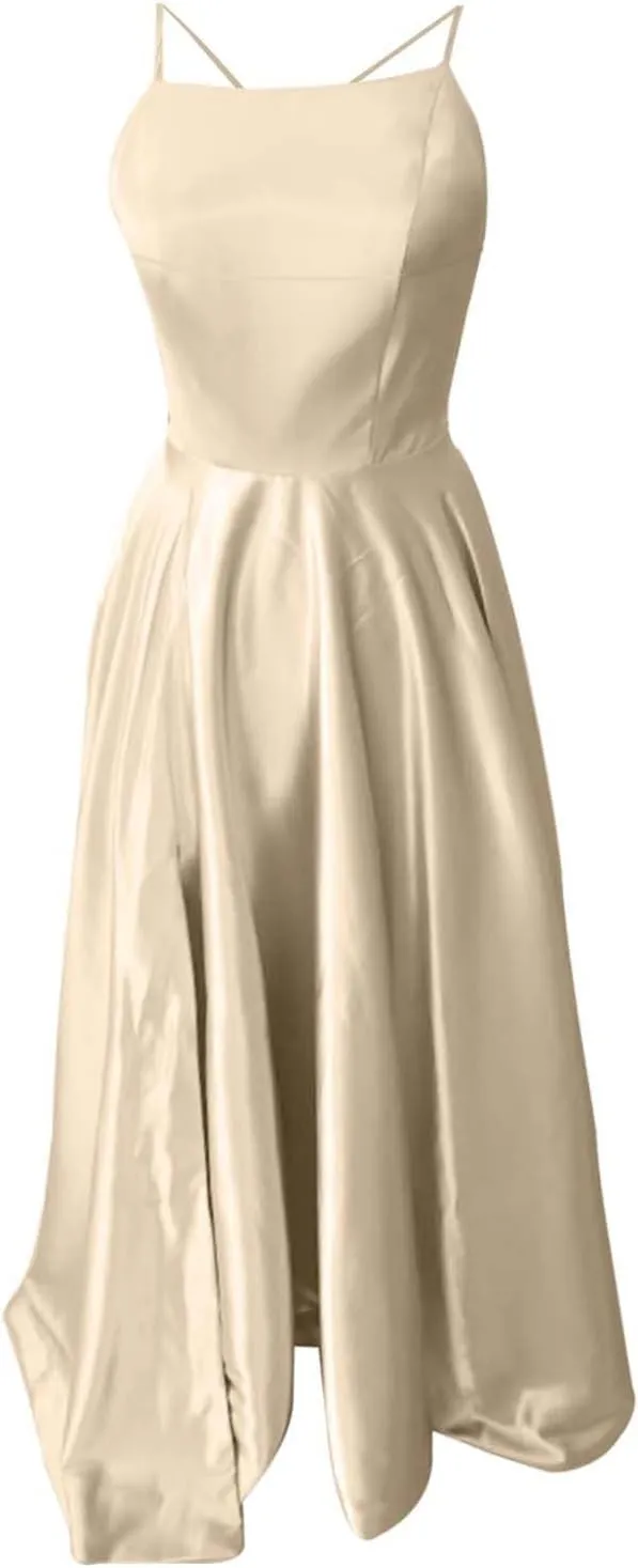 Women's Chiffon Evening Dress Solid Color Sexy Back Hollowed Slit Dress Spaghetti Straps Prom Dresses