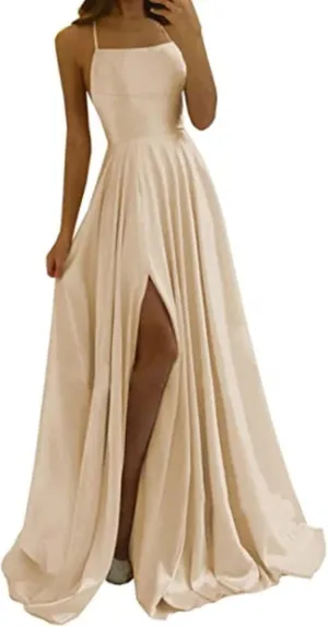 Women's Chiffon Evening Dress Solid Color Sexy Back Hollowed Slit Dress Spaghetti Straps Prom Dresses
