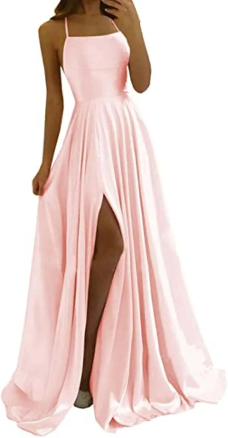 Women's Chiffon Evening Dress Solid Color Sexy Back Hollowed Slit Dress Spaghetti Straps Prom Dresses