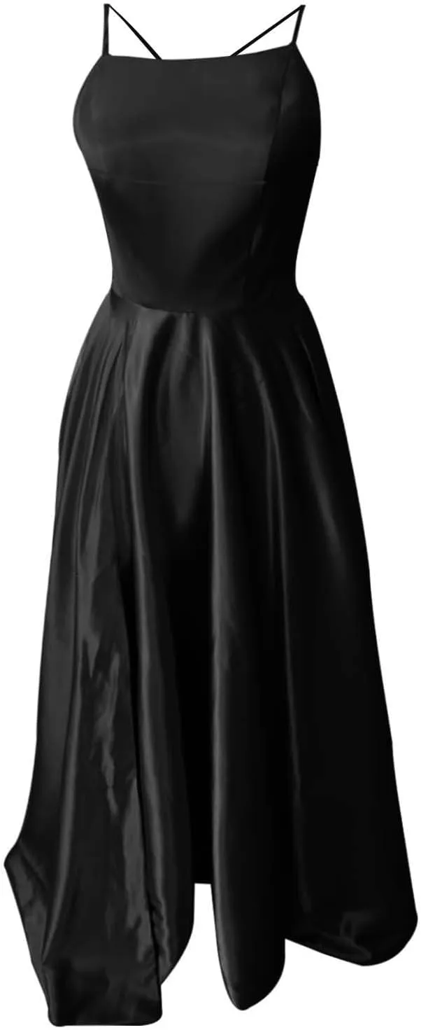 Women's Chiffon Evening Dress Solid Color Sexy Back Hollowed Slit Dress Spaghetti Straps Prom Dresses