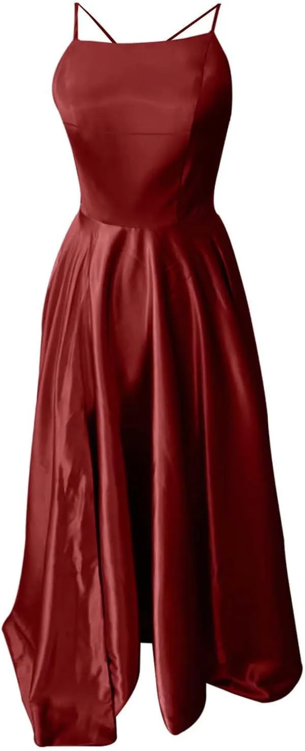 Women's Chiffon Evening Dress Solid Color Sexy Back Hollowed Slit Dress Spaghetti Straps Prom Dresses