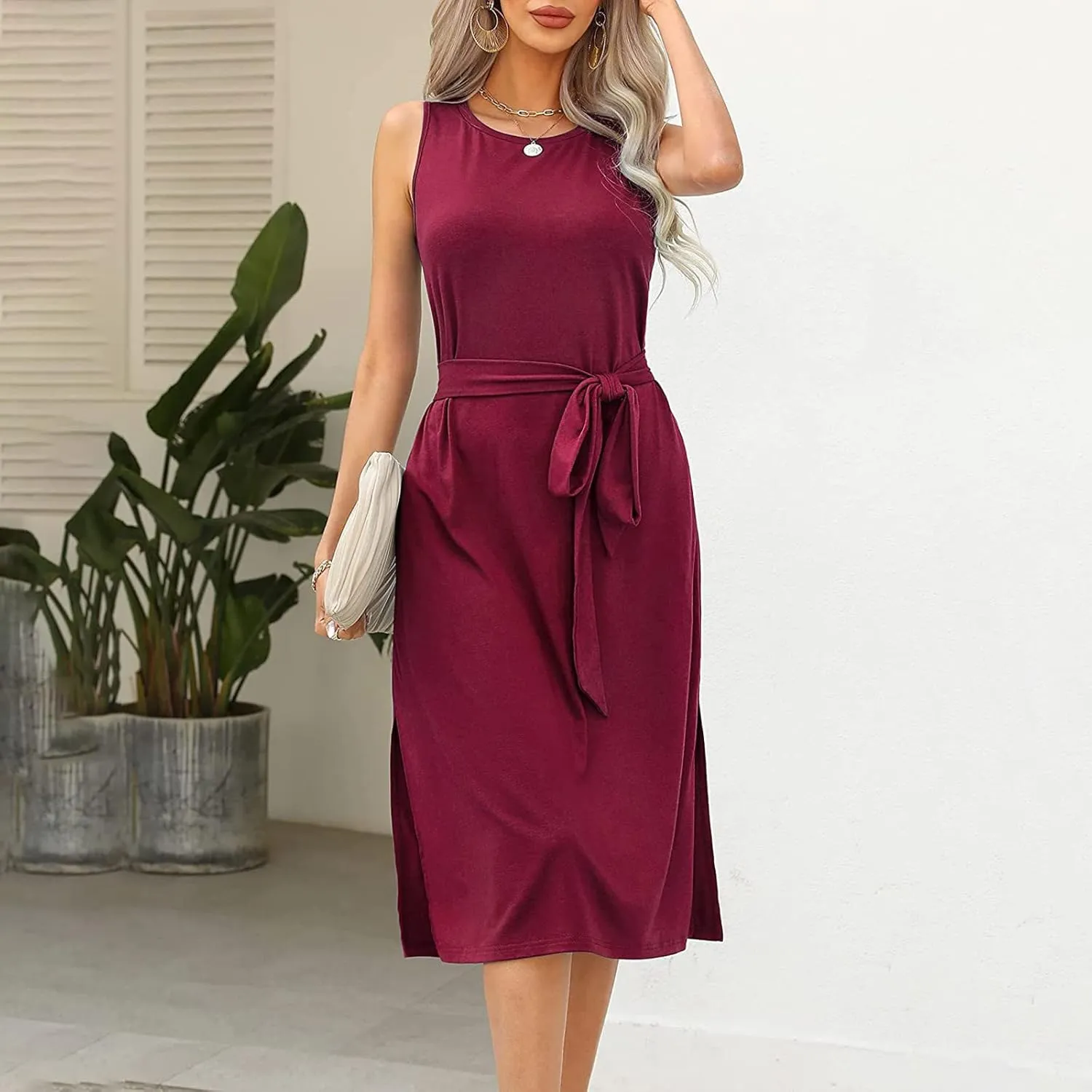 Womens Dress Sleeveless Round Neck Backless Midi Skirt Casual Pleated Belt with Pockets Dresses Working Vacation
