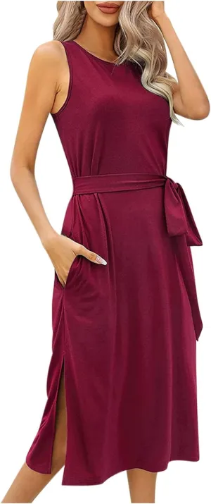 Womens Dress Sleeveless Round Neck Backless Midi Skirt Casual Pleated Belt with Pockets Dresses Working Vacation