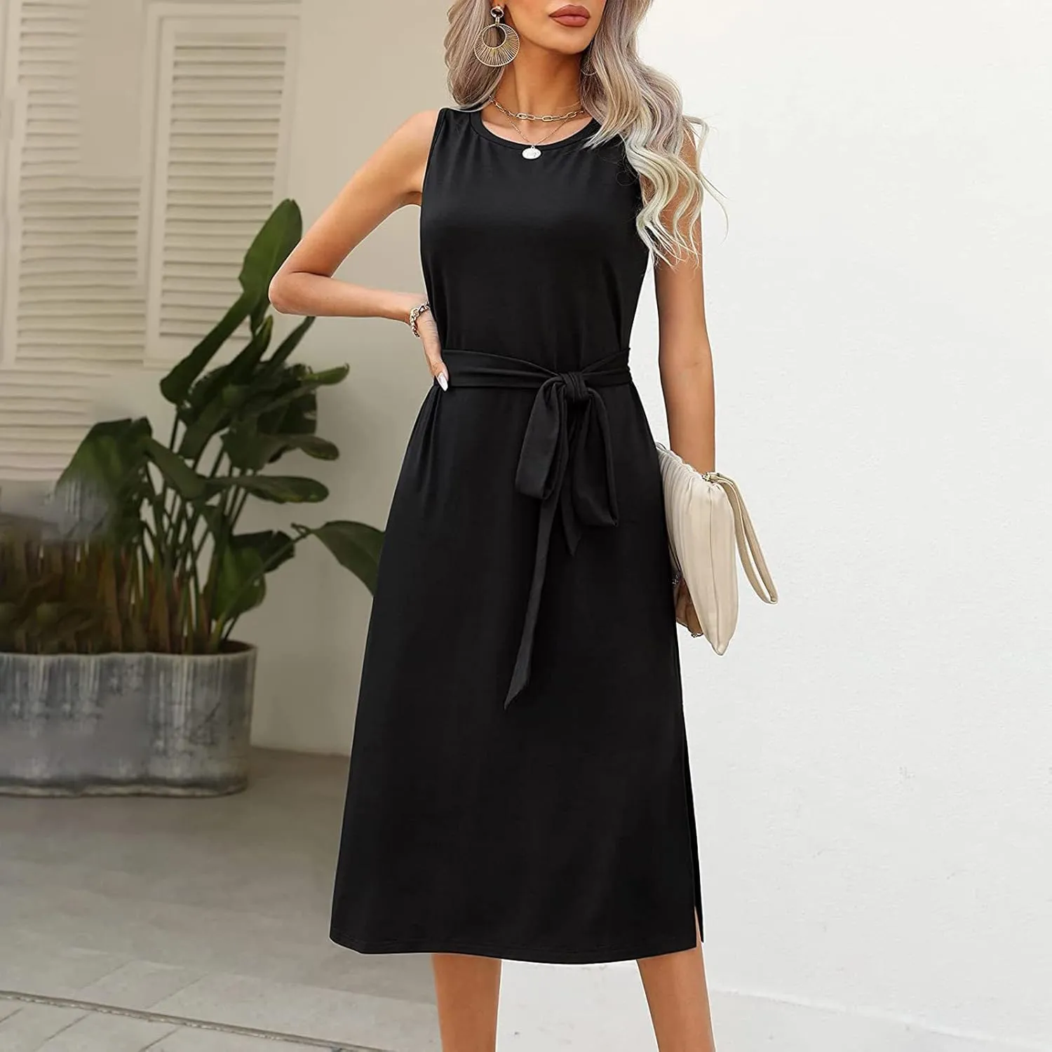 Womens Dress Sleeveless Round Neck Backless Midi Skirt Casual Pleated Belt with Pockets Dresses Working Vacation