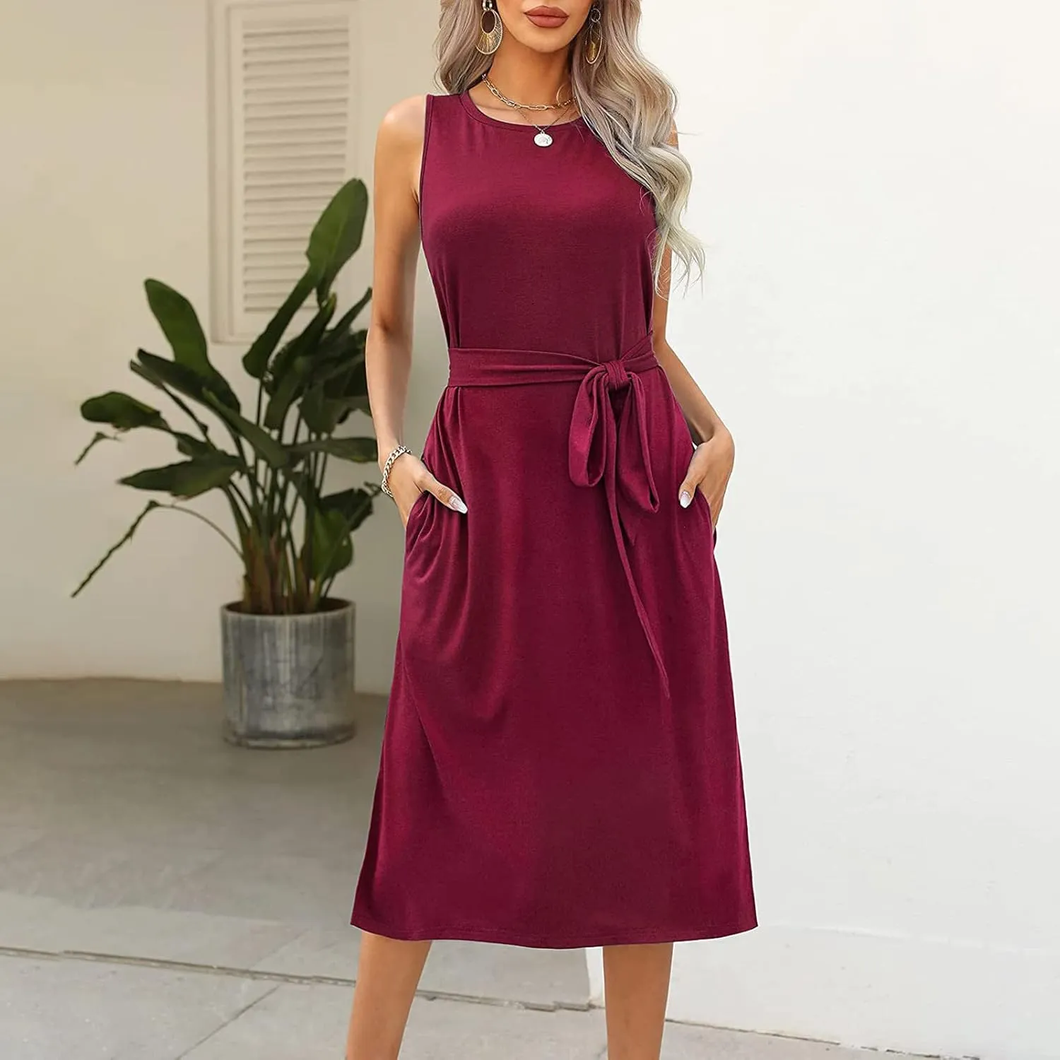 Womens Dress Sleeveless Round Neck Backless Midi Skirt Casual Pleated Belt with Pockets Dresses Working Vacation