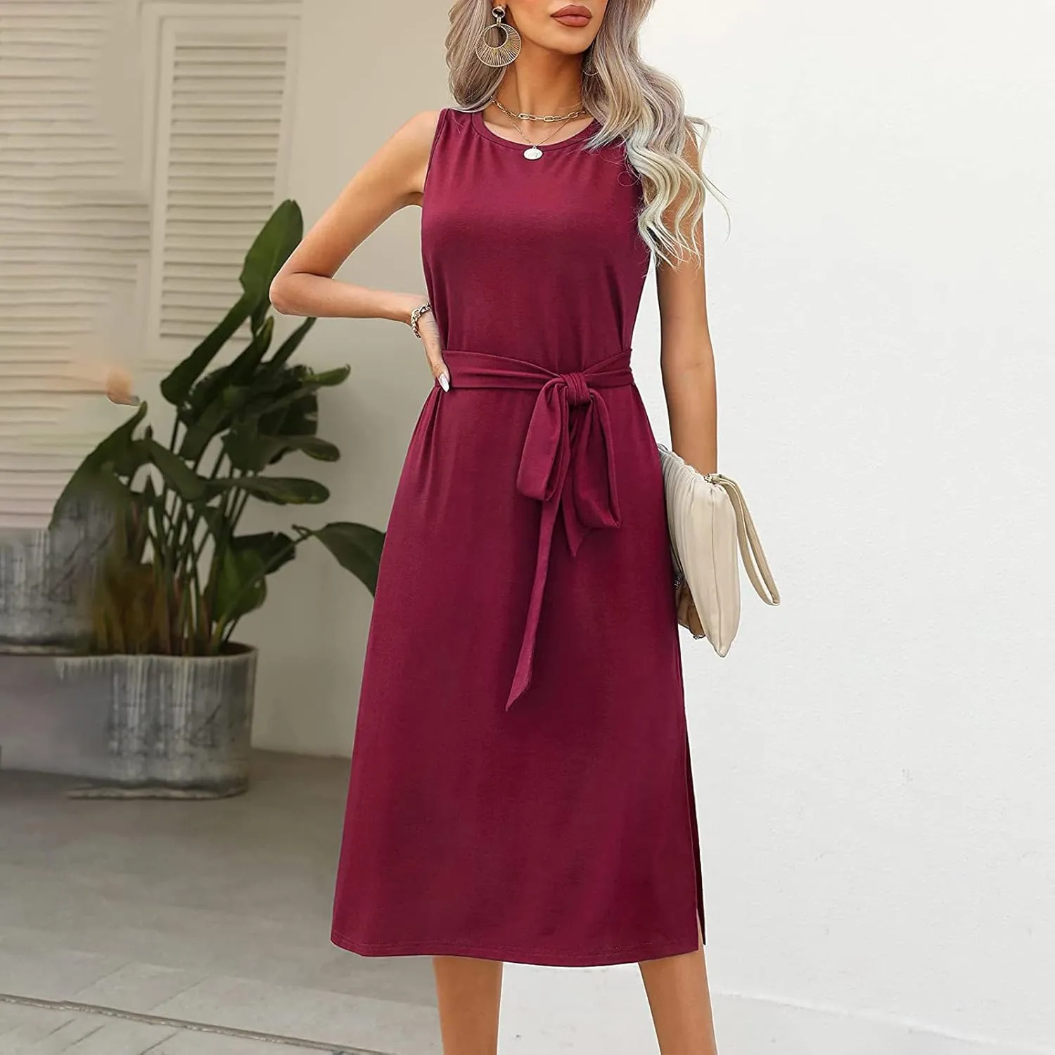 Womens Dress Sleeveless Round Neck Backless Midi Skirt Casual Pleated Belt with Pockets Dresses Working Vacation