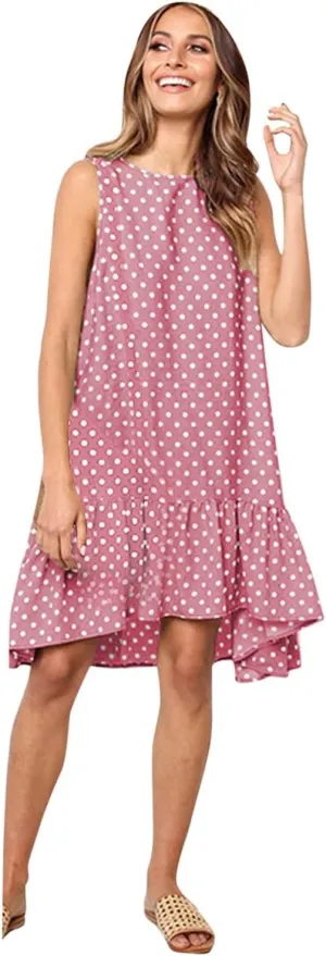 Women's Elegant Round Neck Sleeveless Dress Hem Ruffle Pleated Midi Skirt Polka Dot Loose Dresses Party Vacation