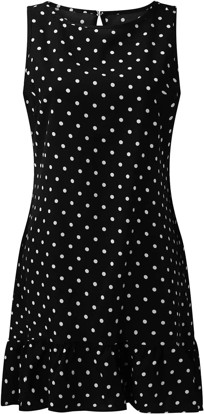 Women's Elegant Round Neck Sleeveless Dress Hem Ruffle Pleated Midi Skirt Polka Dot Loose Dresses Party Vacation