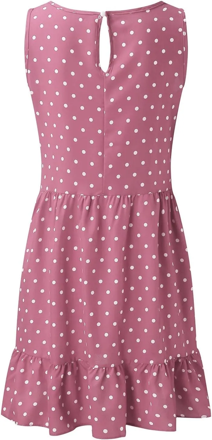 Women's Elegant Round Neck Sleeveless Dress Hem Ruffle Pleated Midi Skirt Polka Dot Loose Dresses Party Vacation
