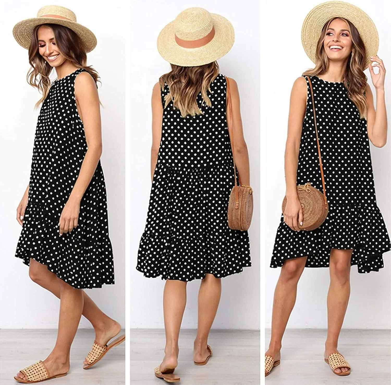 Women's Elegant Round Neck Sleeveless Dress Hem Ruffle Pleated Midi Skirt Polka Dot Loose Dresses Party Vacation