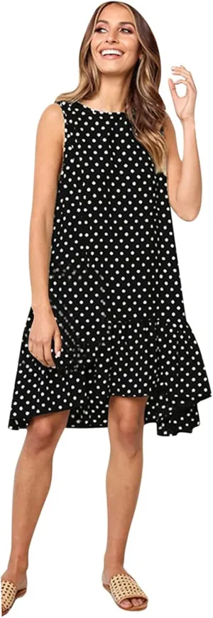 Women's Elegant Round Neck Sleeveless Dress Hem Ruffle Pleated Midi Skirt Polka Dot Loose Dresses Party Vacation