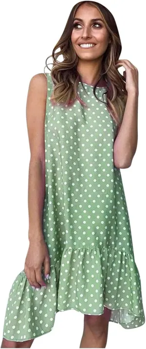 Women's Elegant Round Neck Sleeveless Dress Hem Ruffle Pleated Midi Skirt Polka Dot Loose Dresses Party Vacation