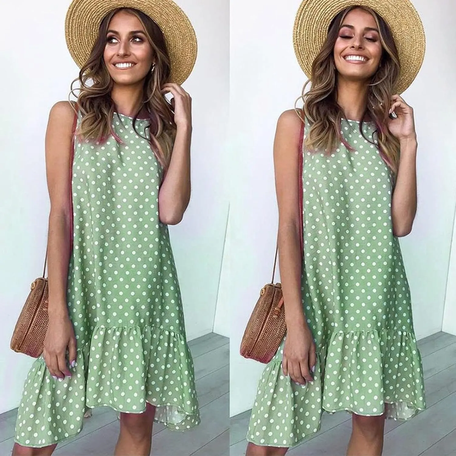 Women's Elegant Round Neck Sleeveless Dress Hem Ruffle Pleated Midi Skirt Polka Dot Loose Dresses Party Vacation