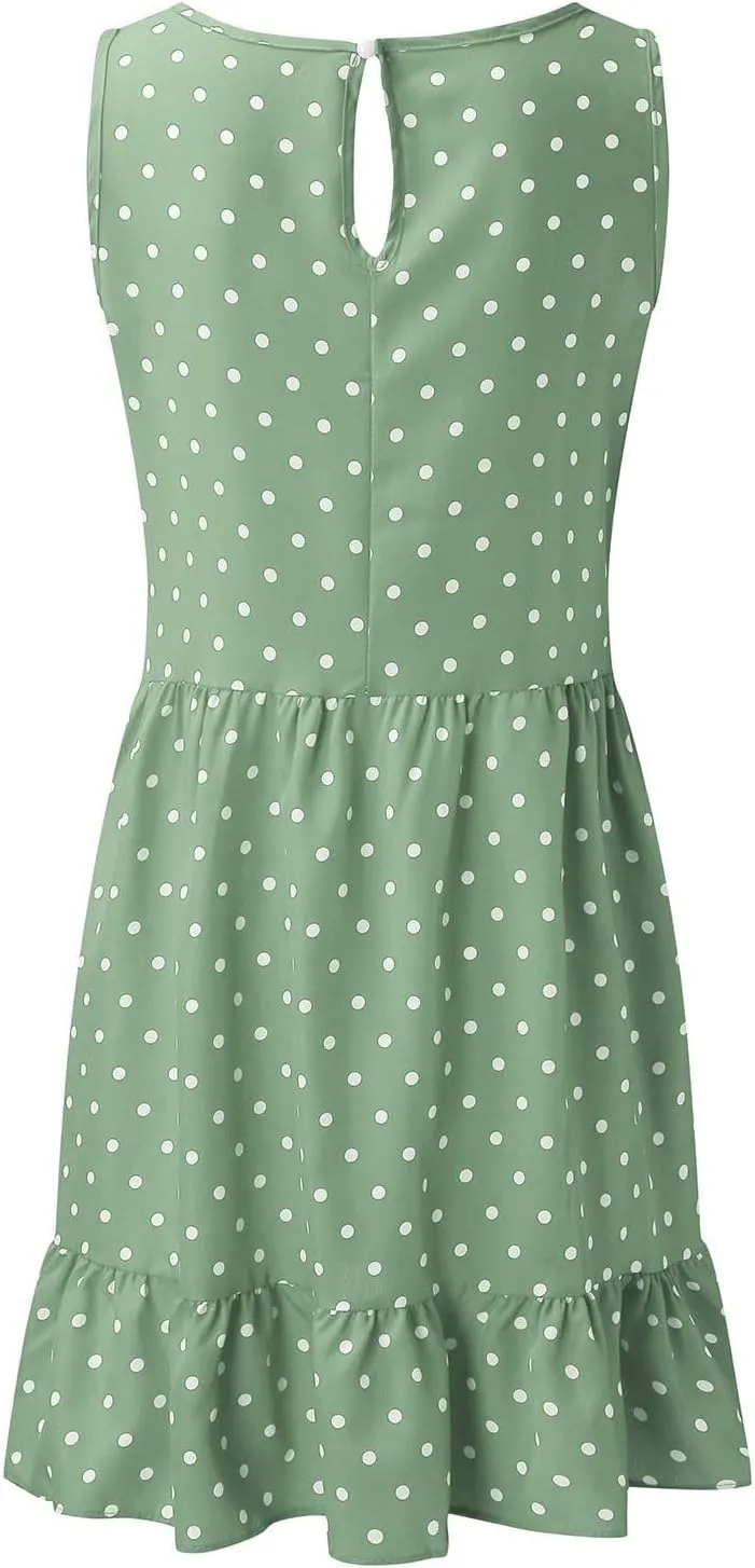 Women's Elegant Round Neck Sleeveless Dress Hem Ruffle Pleated Midi Skirt Polka Dot Loose Dresses Party Vacation