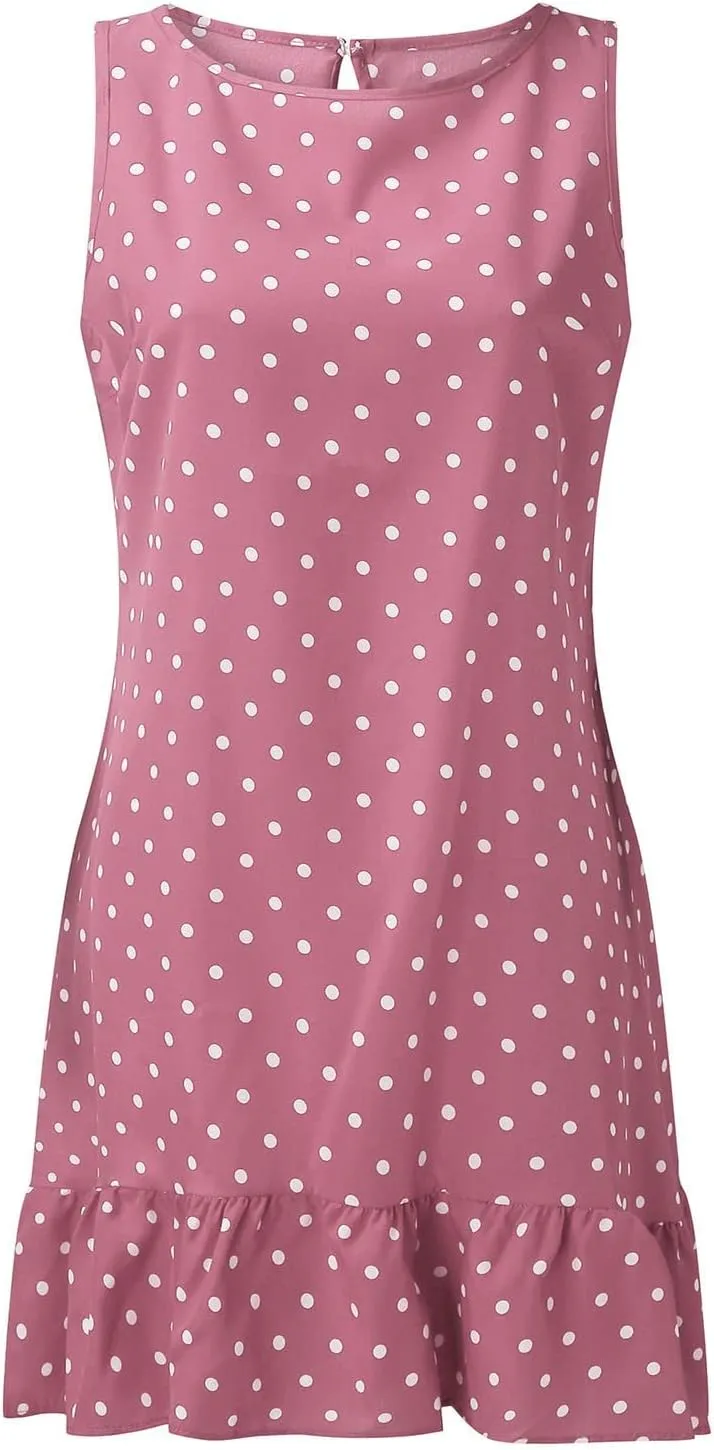 Women's Elegant Round Neck Sleeveless Dress Hem Ruffle Pleated Midi Skirt Polka Dot Loose Dresses Party Vacation