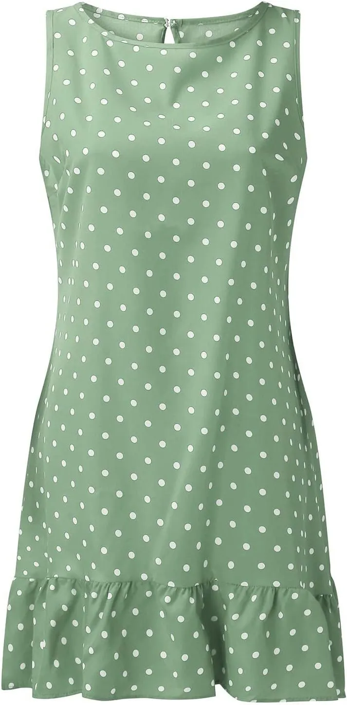 Women's Elegant Round Neck Sleeveless Dress Hem Ruffle Pleated Midi Skirt Polka Dot Loose Dresses Party Vacation