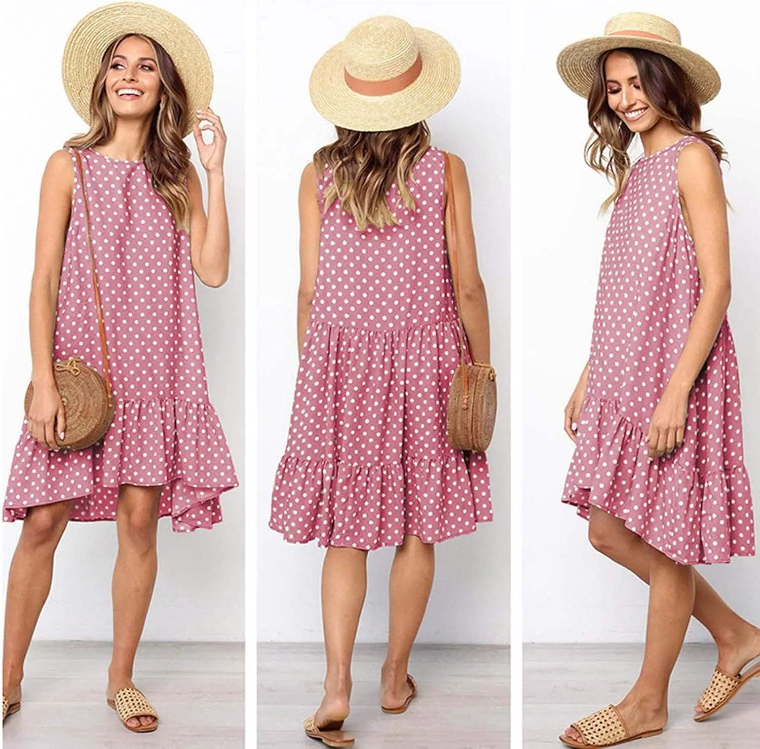 Women's Elegant Round Neck Sleeveless Dress Hem Ruffle Pleated Midi Skirt Polka Dot Loose Dresses Party Vacation