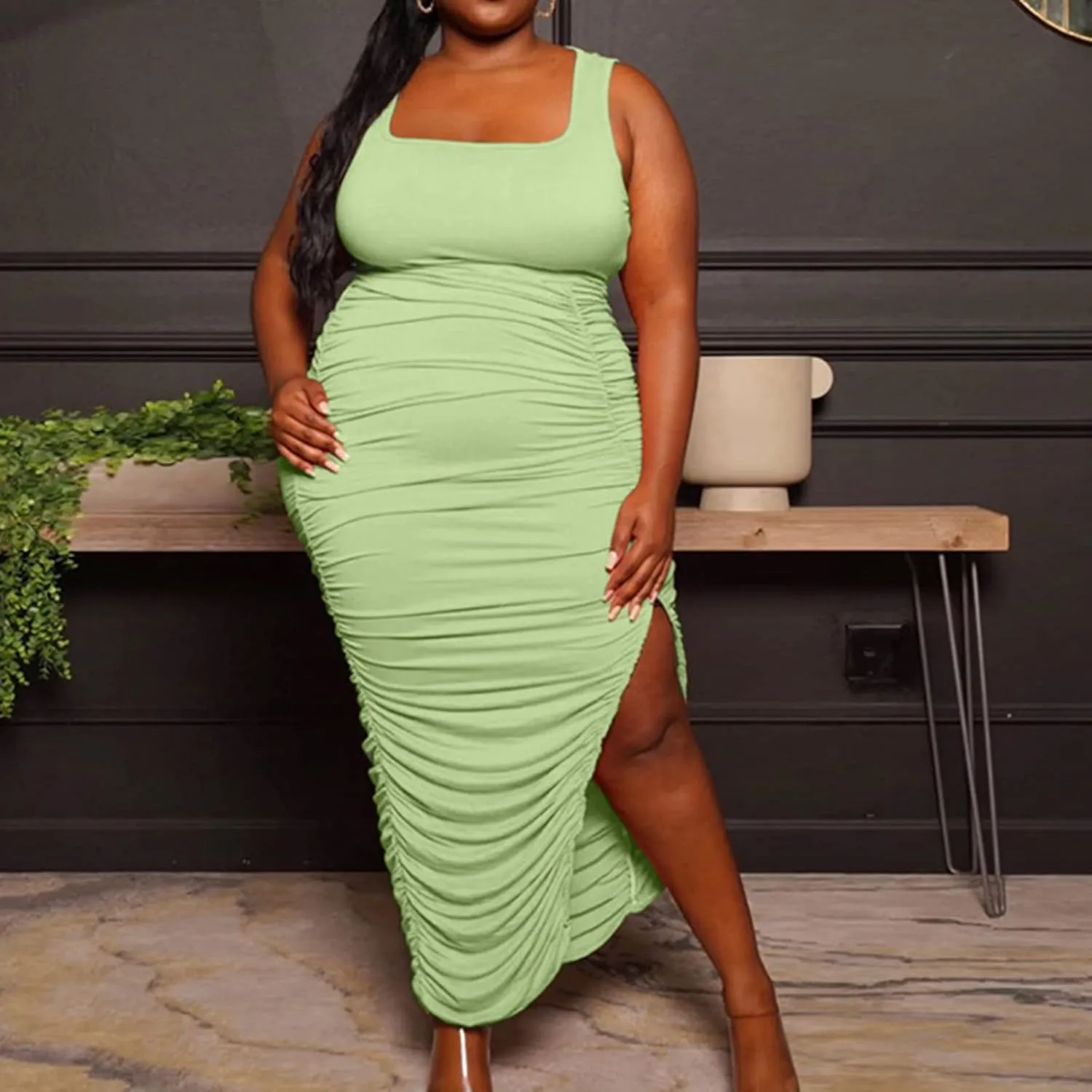 Womens Fashion Dress Plus Size Solid Color U Neck Sleeveless Midi Skirt Ruffle Pleated Split Dresses Vacation Party