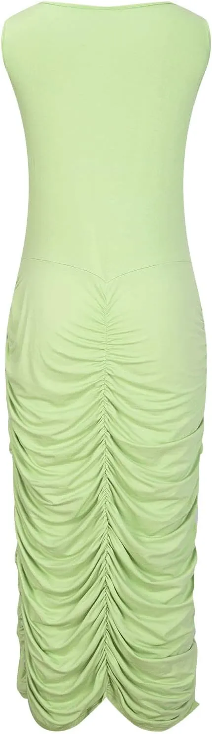 Womens Fashion Dress Plus Size Solid Color U Neck Sleeveless Midi Skirt Ruffle Pleated Split Dresses Vacation Party