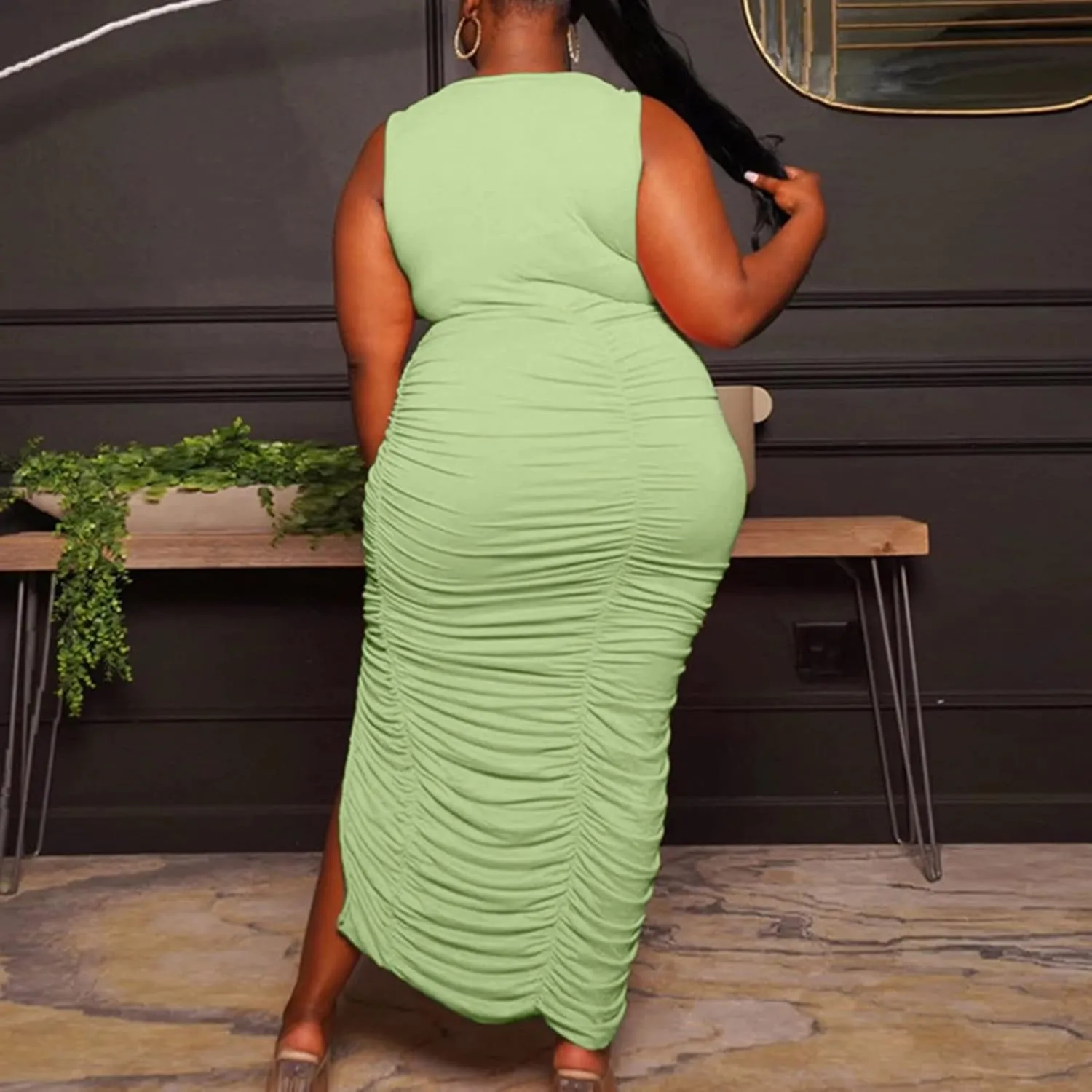 Womens Fashion Dress Plus Size Solid Color U Neck Sleeveless Midi Skirt Ruffle Pleated Split Dresses Vacation Party