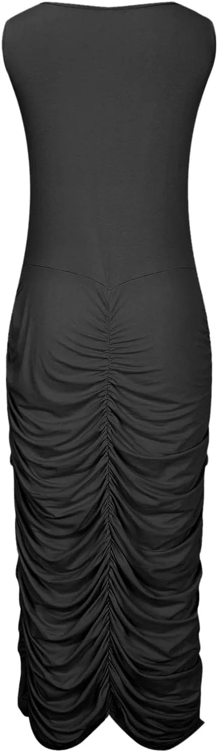 Womens Fashion Dress Plus Size Solid Color U Neck Sleeveless Midi Skirt Ruffle Pleated Split Dresses Vacation Party