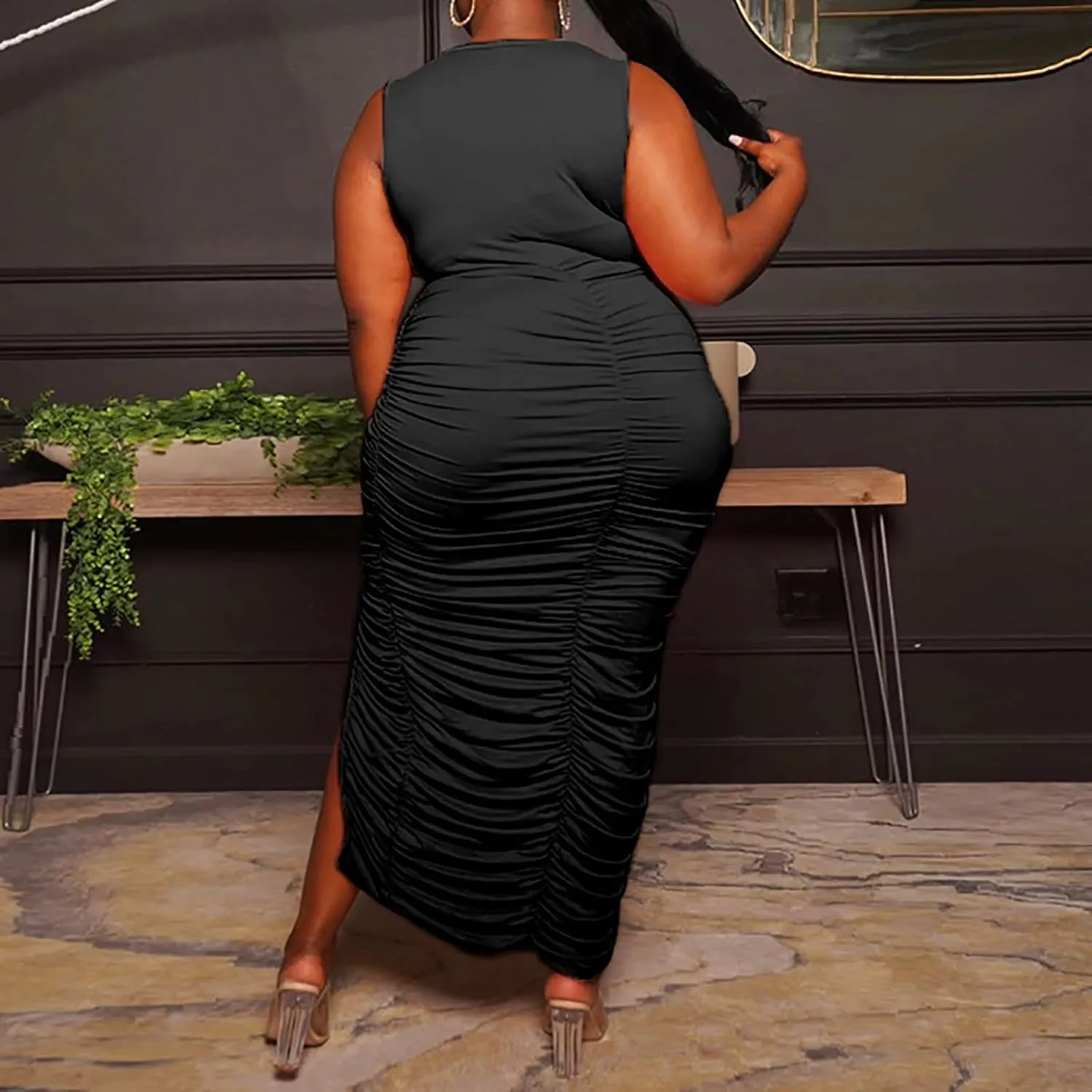 Womens Fashion Dress Plus Size Solid Color U Neck Sleeveless Midi Skirt Ruffle Pleated Split Dresses Vacation Party
