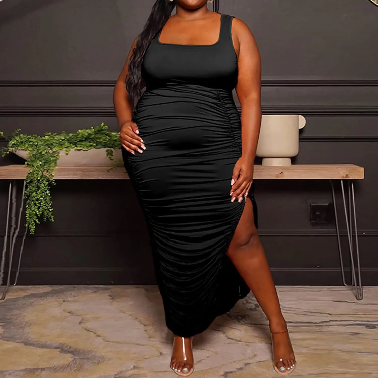 Womens Fashion Dress Plus Size Solid Color U Neck Sleeveless Midi Skirt Ruffle Pleated Split Dresses Vacation Party