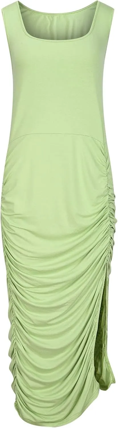 Womens Fashion Dress Plus Size Solid Color U Neck Sleeveless Midi Skirt Ruffle Pleated Split Dresses Vacation Party