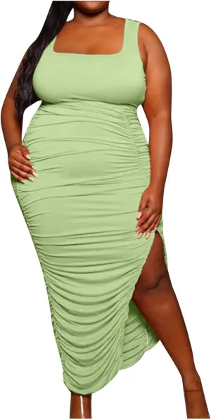 Womens Fashion Dress Plus Size Solid Color U Neck Sleeveless Midi Skirt Ruffle Pleated Split Dresses Vacation Party
