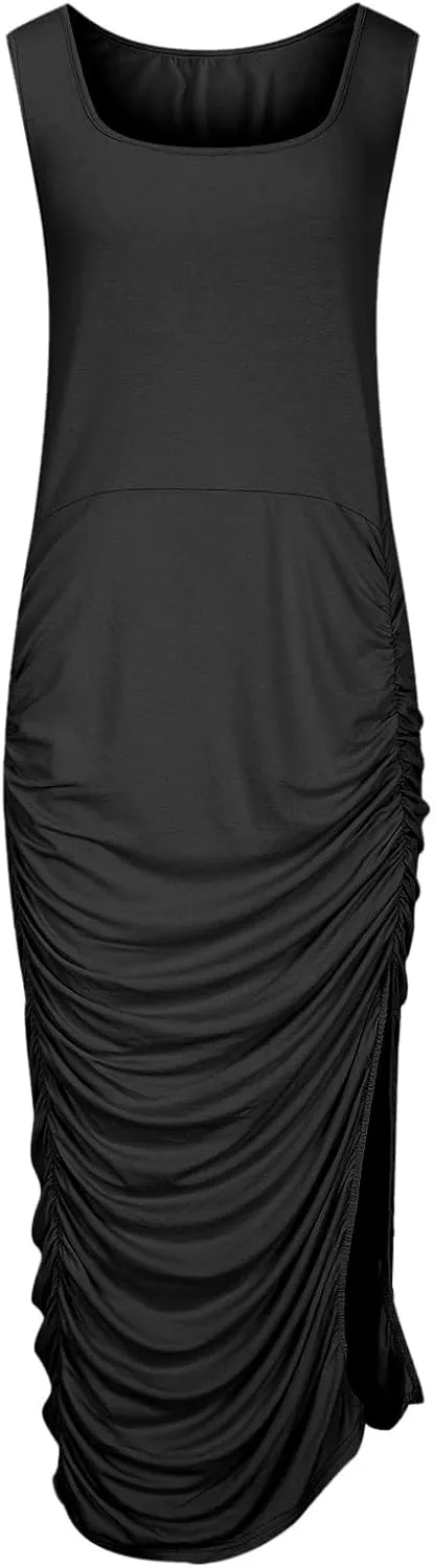 Womens Fashion Dress Plus Size Solid Color U Neck Sleeveless Midi Skirt Ruffle Pleated Split Dresses Vacation Party