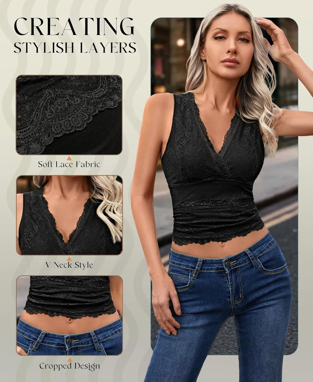Womens Lace Tank Tops - V Neck Camisole Sleeveless Sexy Going Out Y2K Cropped Halter Vest Top