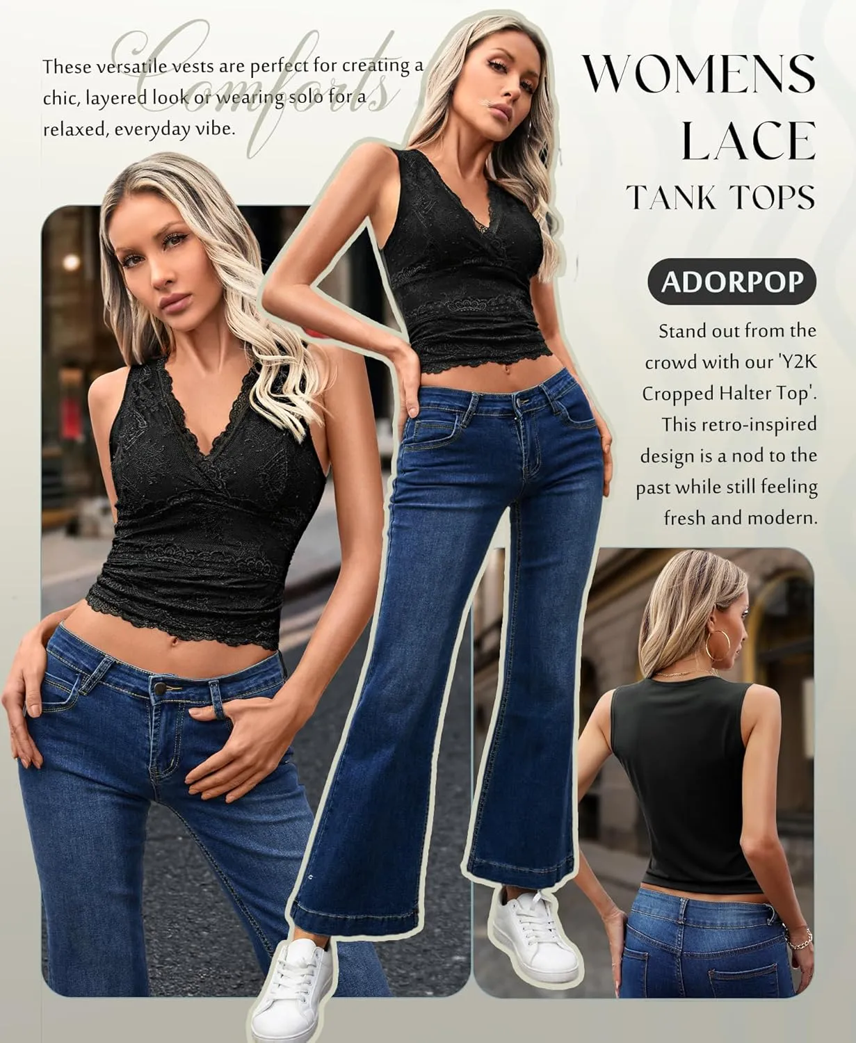 Womens Lace Tank Tops - V Neck Camisole Sleeveless Sexy Going Out Y2K Cropped Halter Vest Top