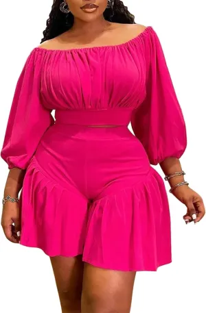 Women's Plus Size 2 Piece Outfits Off Shoulder Long Lantern Sleeve Crop Top and Ruffle Shorts Set