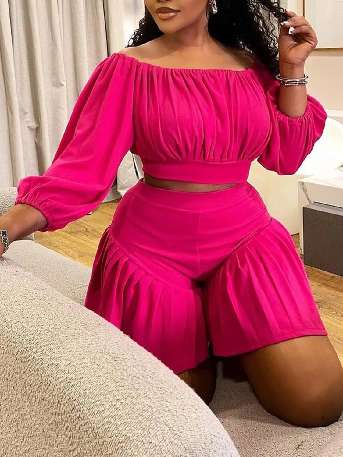 Women's Plus Size 2 Piece Outfits Off Shoulder Long Lantern Sleeve Crop Top and Ruffle Shorts Set