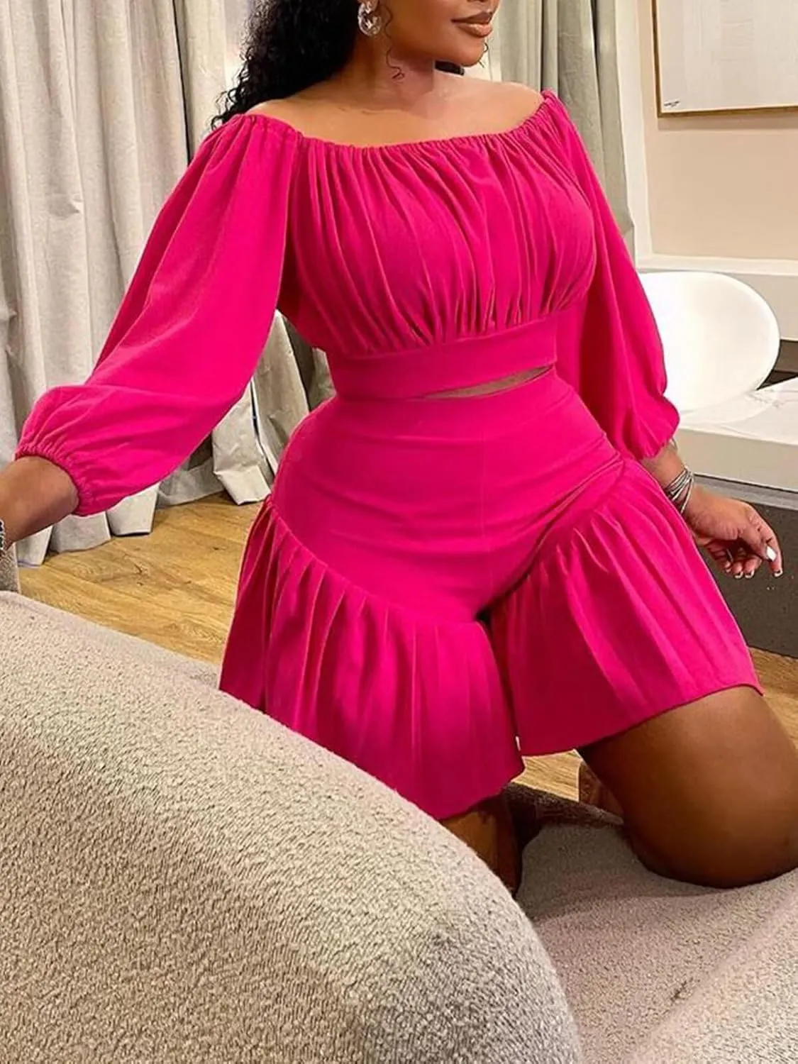 Women's Plus Size 2 Piece Outfits Off Shoulder Long Lantern Sleeve Crop Top and Ruffle Shorts Set