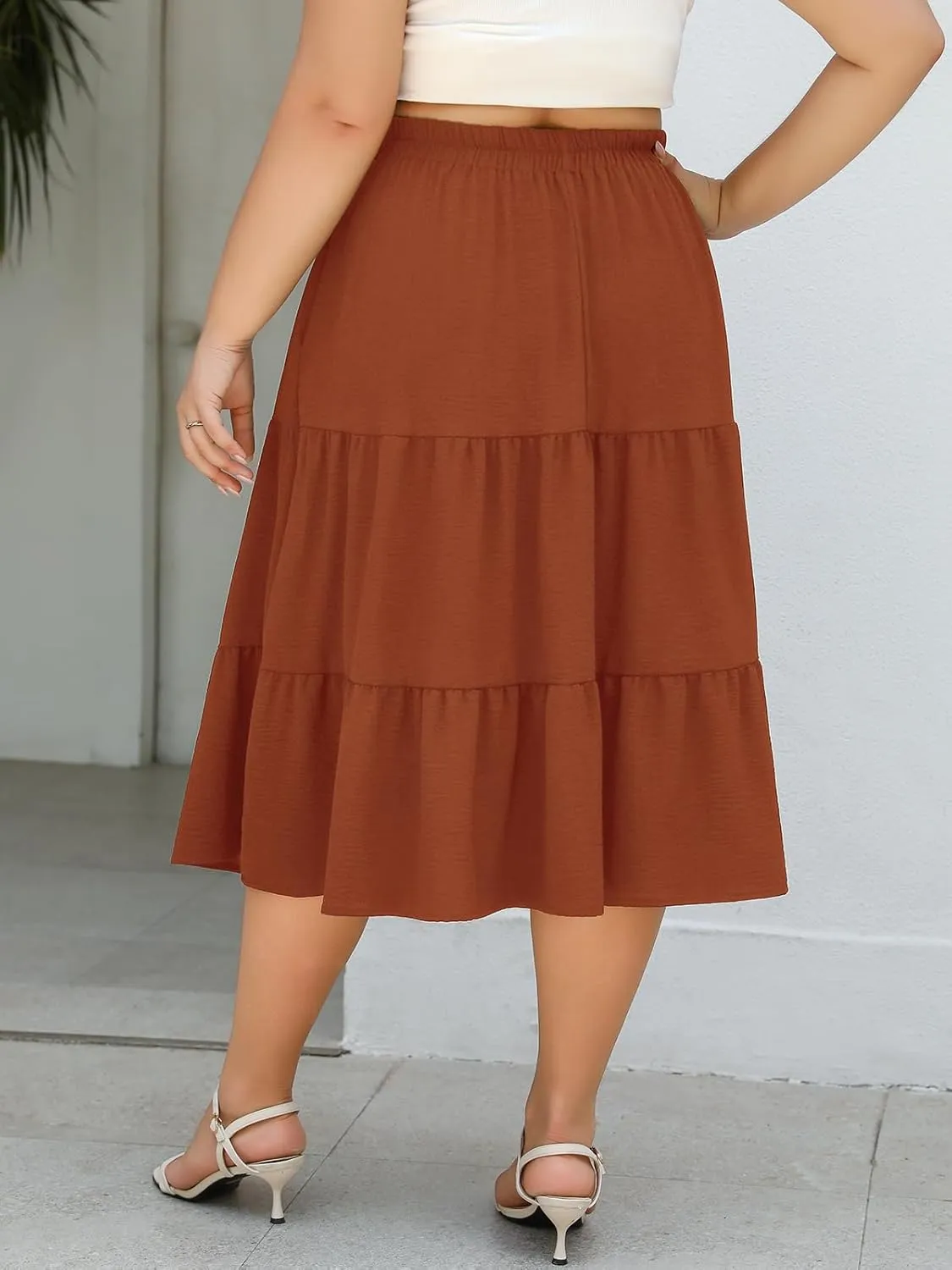 Women's Plus Size Casual Summer Midi Skirt with Pockets 1X-4X Tiered Lightweight Crinkle Fabric A-line Skirts