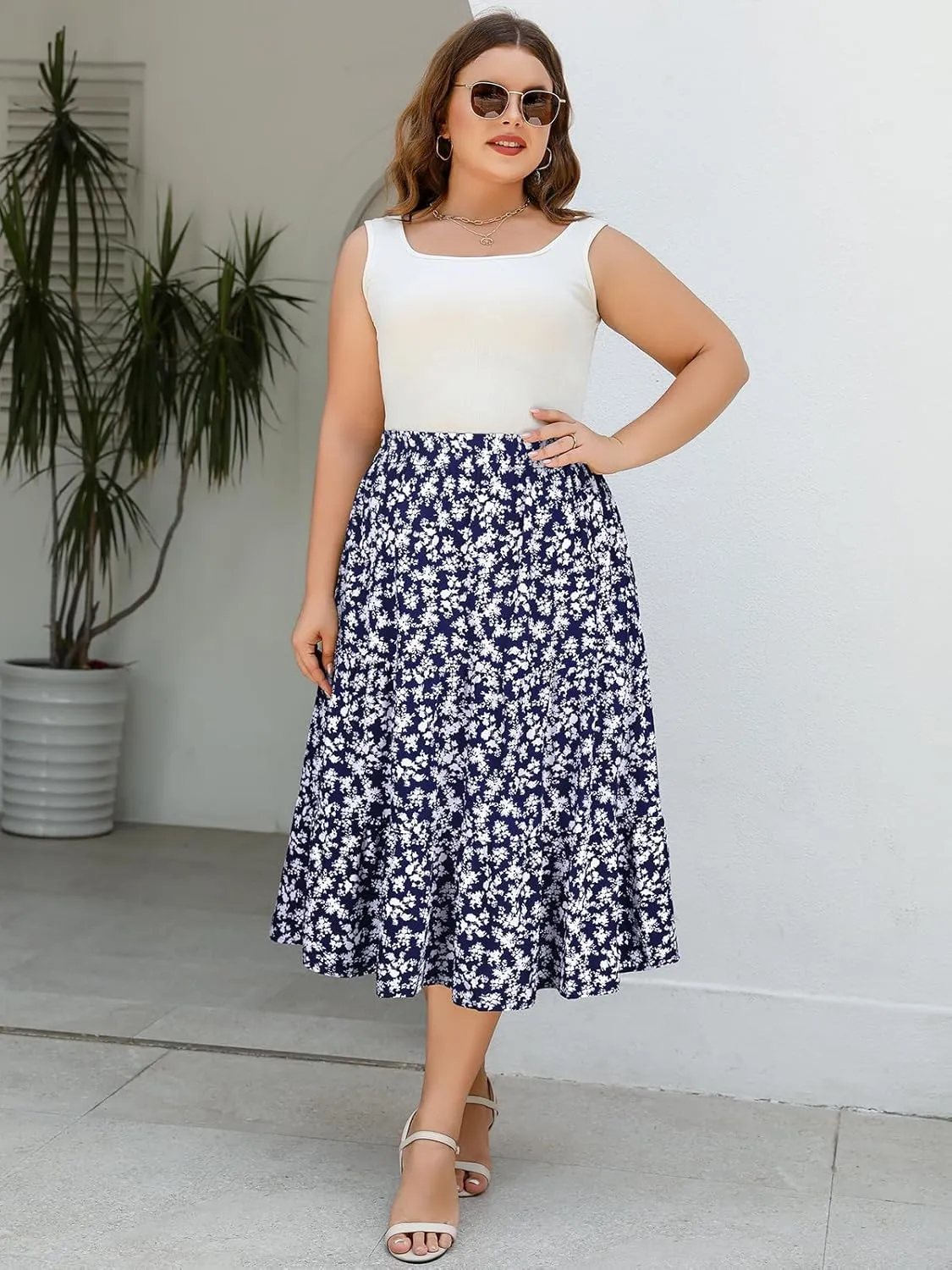 Women's Plus Size Casual Summer Midi Skirt with Pockets 1X-4X Tiered Lightweight Crinkle Fabric A-line Skirts