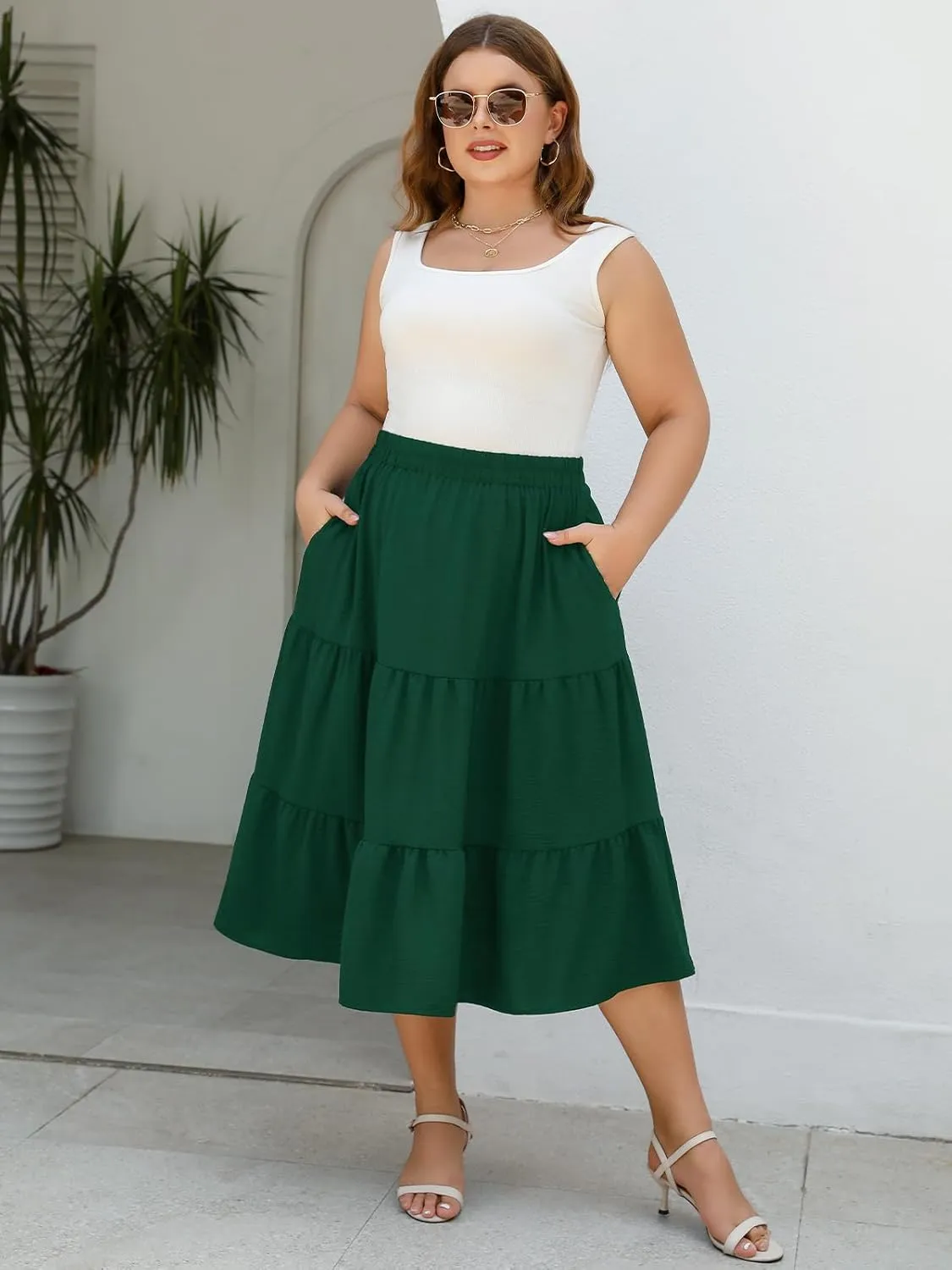 Women's Plus Size Casual Summer Midi Skirt with Pockets 1X-4X Tiered Lightweight Crinkle Fabric A-line Skirts