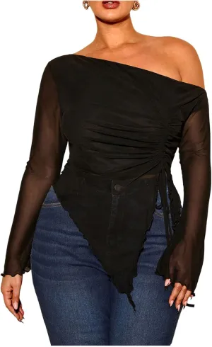 Women's Plus Size Sheer Mesh Off Shoulder Tops Long Sleeve Drawstring Asymmetrical Hem Ruched T Shirt