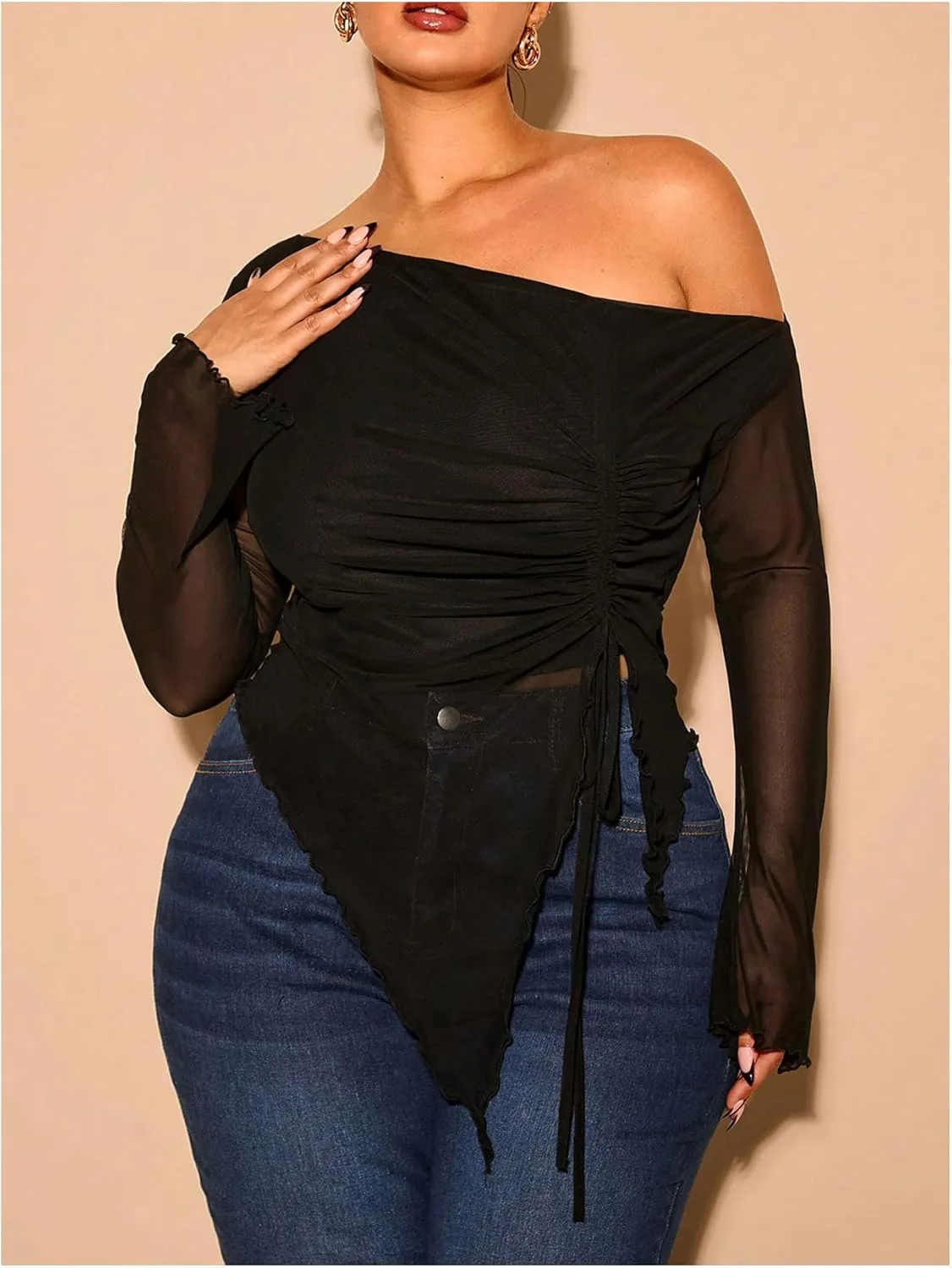 Women's Plus Size Sheer Mesh Off Shoulder Tops Long Sleeve Drawstring Asymmetrical Hem Ruched T Shirt