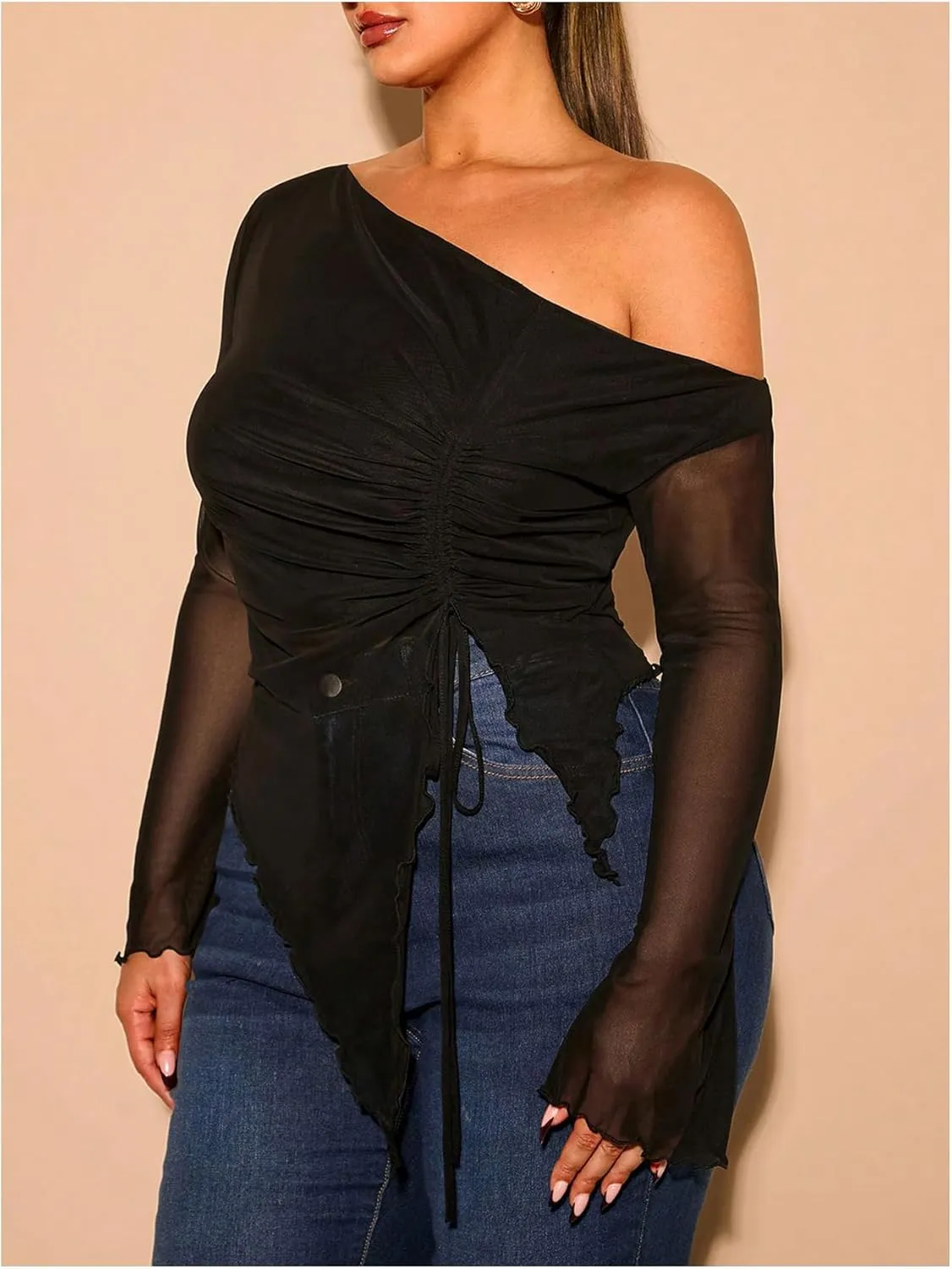 Women's Plus Size Sheer Mesh Off Shoulder Tops Long Sleeve Drawstring Asymmetrical Hem Ruched T Shirt