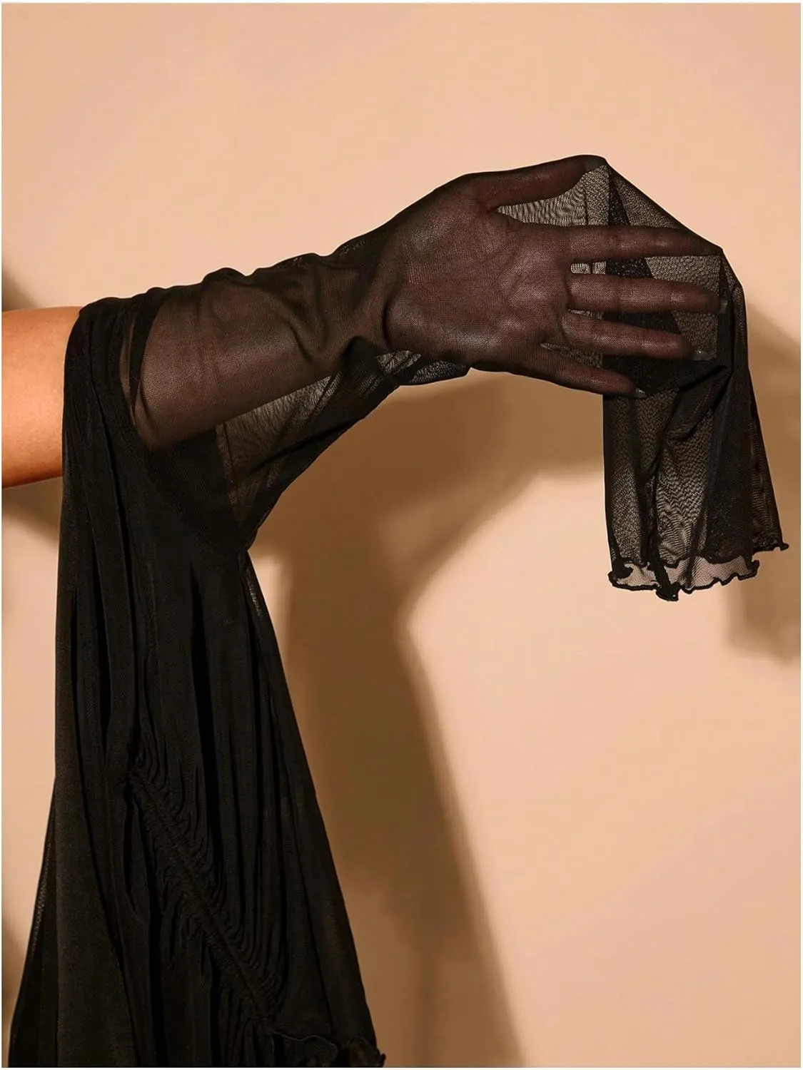 Women's Plus Size Sheer Mesh Off Shoulder Tops Long Sleeve Drawstring Asymmetrical Hem Ruched T Shirt