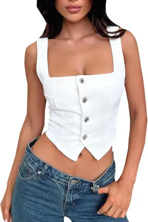 Women's Sexy Sleeveless Tank Tops Slim Suspender Button Down Square Neck Denim Camisole