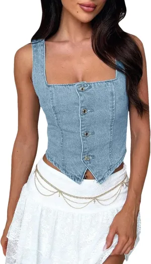 Women's Sexy Sleeveless Tank Tops Slim Suspender Button Down Square Neck Denim Camisole